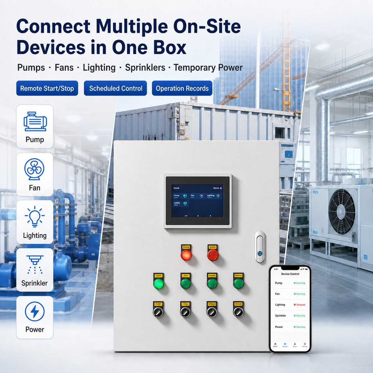 Y951 smart distribution box connects pumps fans lighting sprinklers and temporary power
